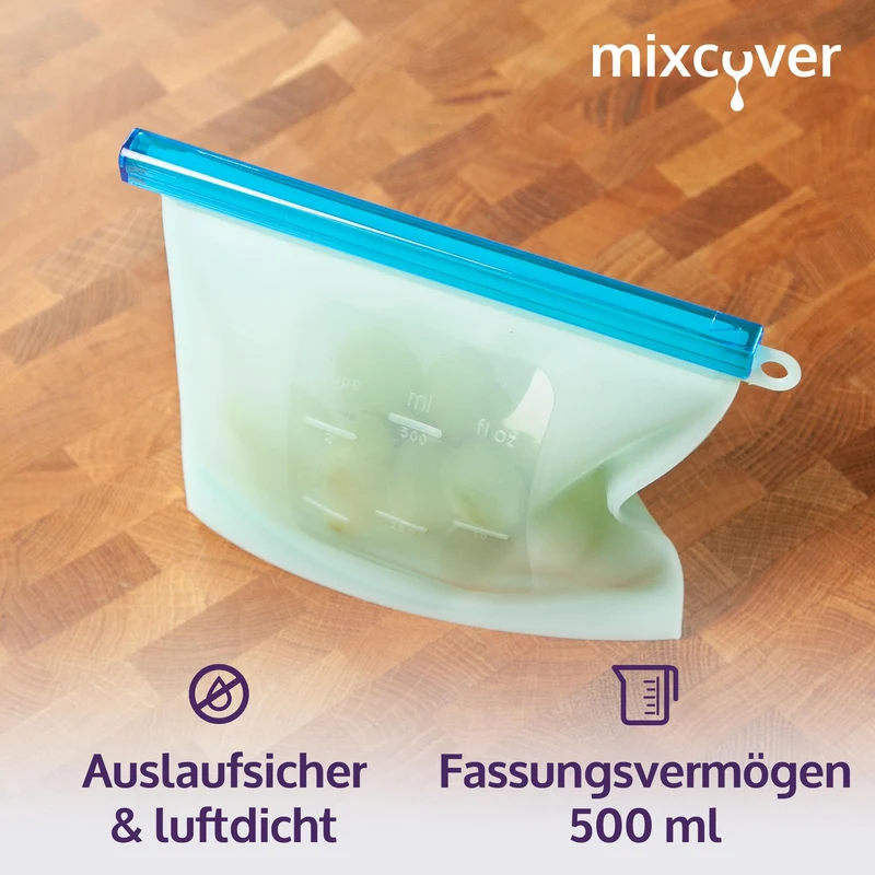 mixcover wiederverwendbarer Frischhaltebeutel aus Silikon mit Verschluss, auslaufsicher, 500 ml