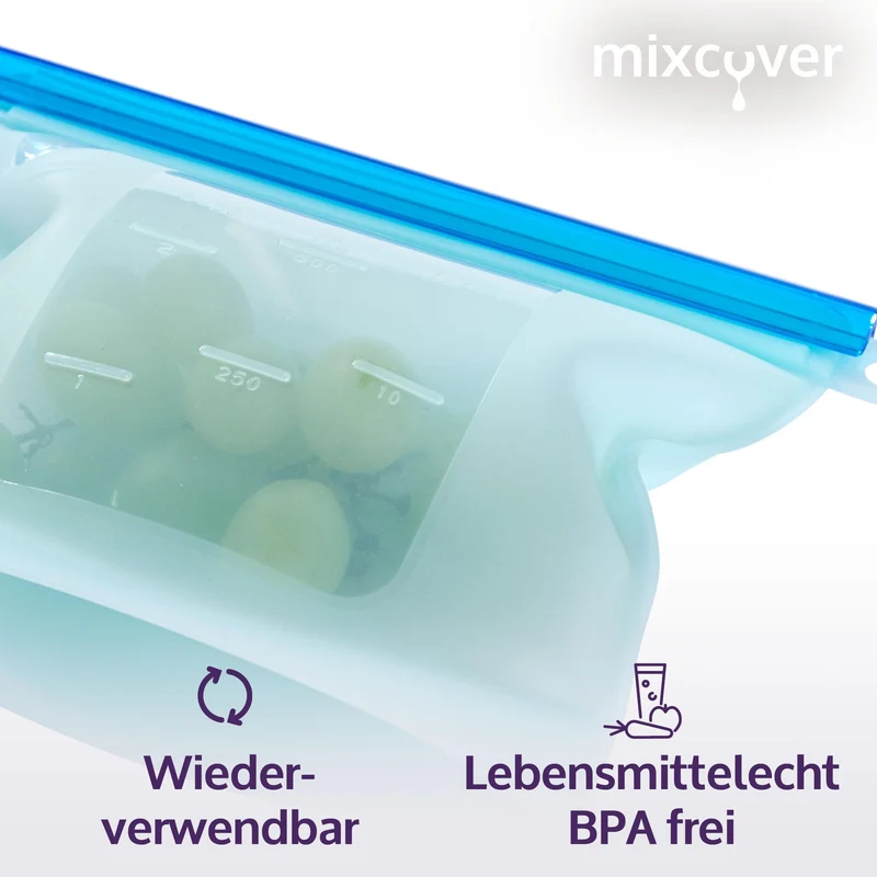 mixcover wiederverwendbarer Frischhaltebeutel aus Silikon mit Verschluss, auslaufsicher, 500 ml