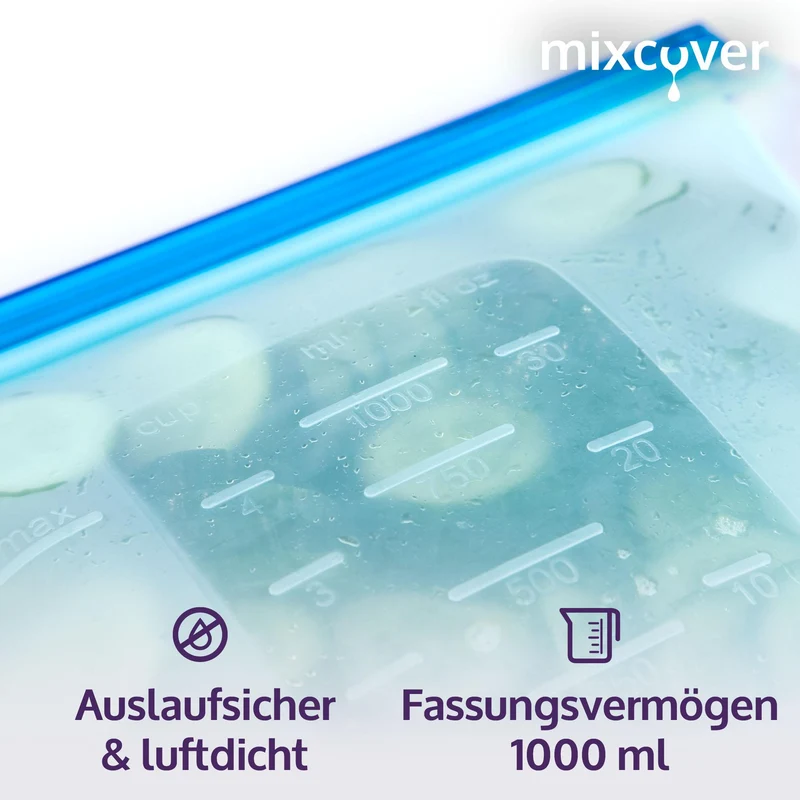mixcover wiederverwendbarer Frischhaltebeutel aus Silikon mit Verschluss, auslaufsicher, 1000 ml