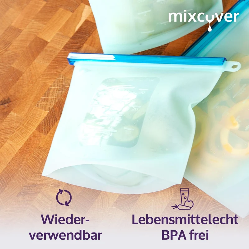 mixcover wiederverwendbarer Frischhaltebeutel aus Silikon mit Verschluss, auslaufsicher, 1000 ml