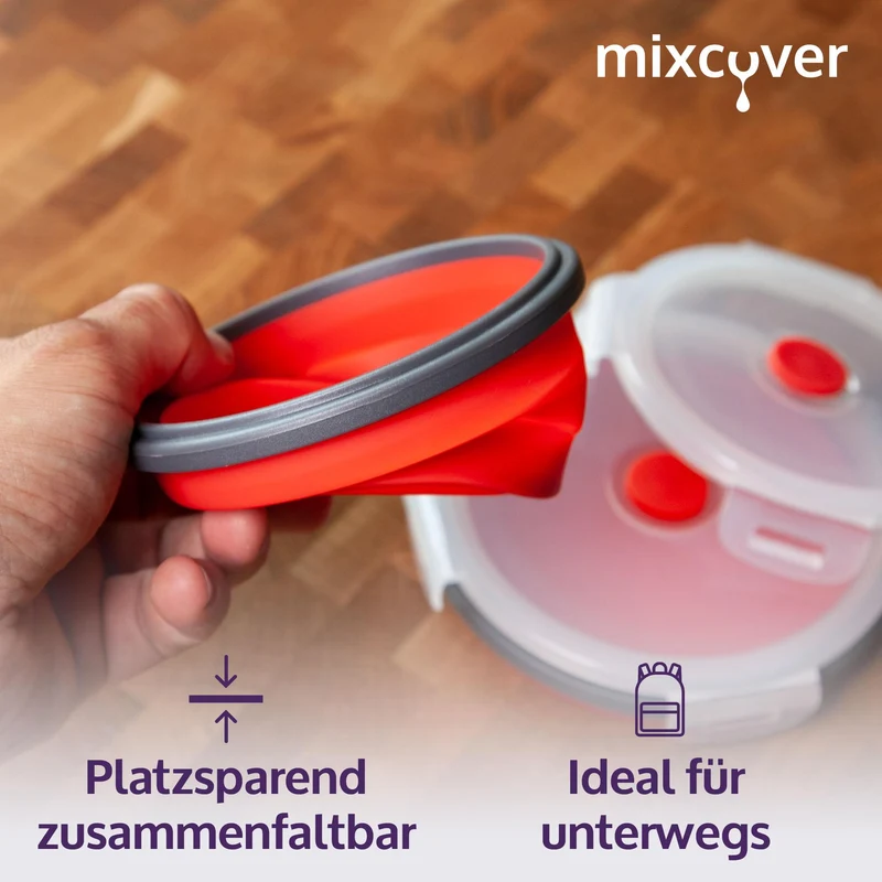mixcover faltbare Frischhaltedose mit Deckel aus Silikon Bentobox Brotdose Lunchbox Picknick Camping Schüssel platzsparend 350 ml rot