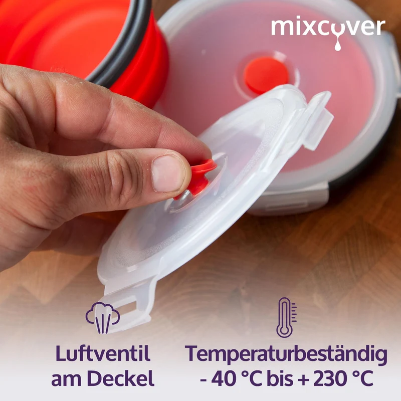 mixcover faltbare Frischhaltedose mit Deckel aus Silikon Bentobox Brotdose Lunchbox Picknick Camping Schüssel platzsparend 350 ml rot