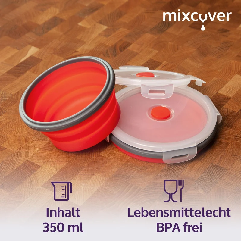 mixcover faltbare Frischhaltedose mit Deckel aus Silikon Bentobox Brotdose Lunchbox Picknick Camping Schüssel platzsparend 350 ml rot