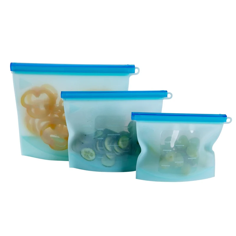mixcover wiederverwendbare Frischhaltebeutel aus Silikon mit Verschluss, auslaufsicher, 3er Set, 500ml 1000ml 1500ml