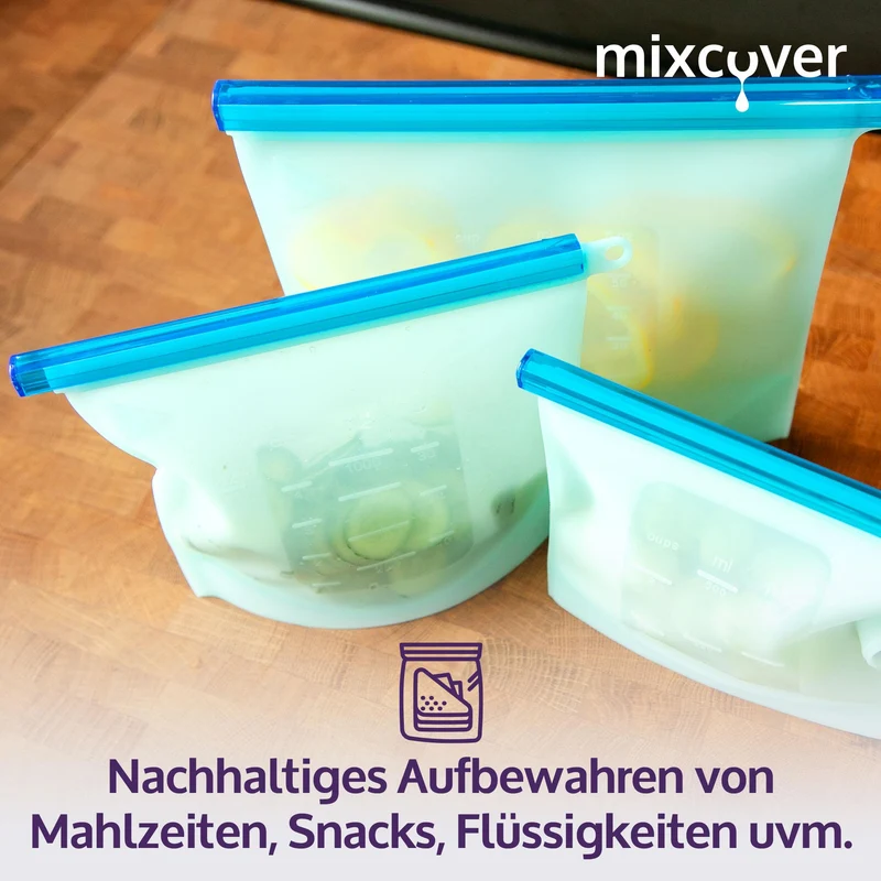 mixcover wiederverwendbare Frischhaltebeutel aus Silikon mit Verschluss, auslaufsicher, 3er Set, 500ml 1000ml 1500ml