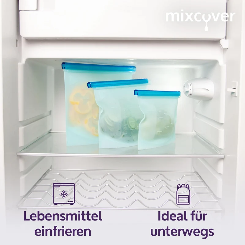 mixcover wiederverwendbare Frischhaltebeutel aus Silikon mit Verschluss, auslaufsicher, 3er Set, 500ml 1000ml 1500ml