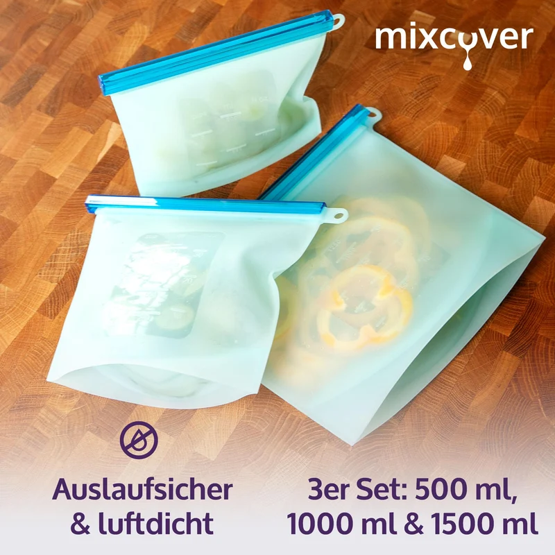 mixcover wiederverwendbare Frischhaltebeutel aus Silikon mit Verschluss, auslaufsicher, 3er Set, 500ml 1000ml 1500ml