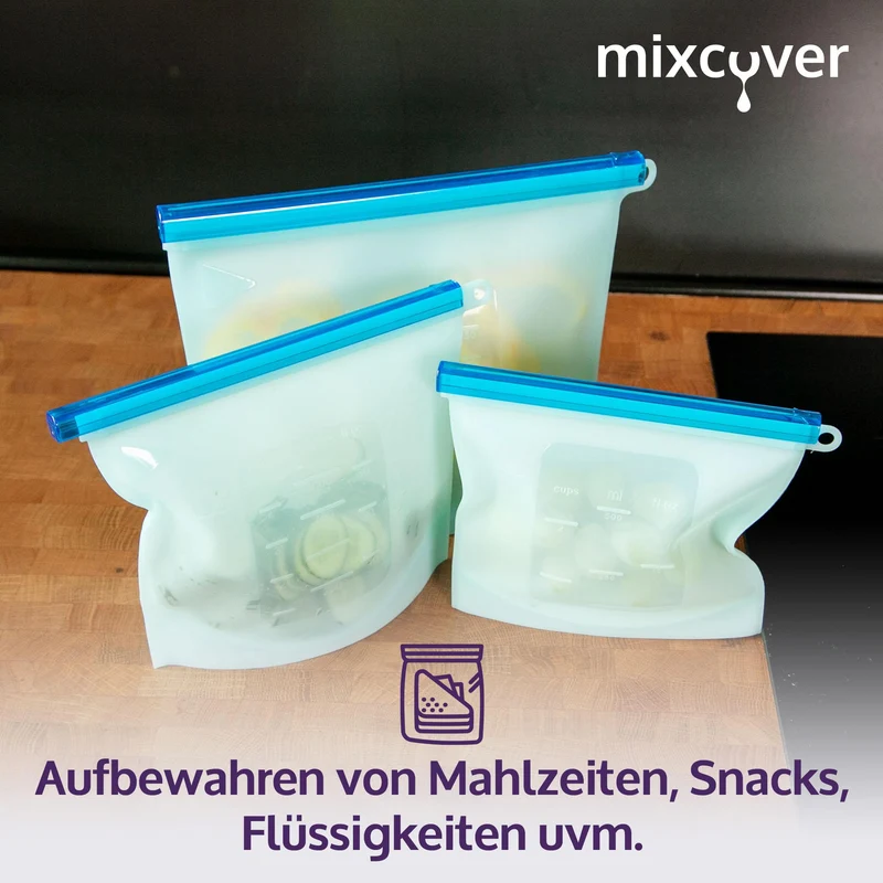 mixcover wiederverwendbarer Frischhaltebeutel aus Silikon mit Verschluss, auslaufsicher, 1500 ml