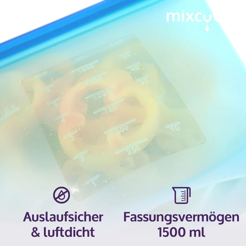 mixcover wiederverwendbarer Frischhaltebeutel aus Silikon mit Verschluss, auslaufsicher, 1500 ml