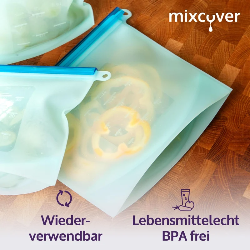 mixcover wiederverwendbarer Frischhaltebeutel aus Silikon mit Verschluss, auslaufsicher, 1500 ml