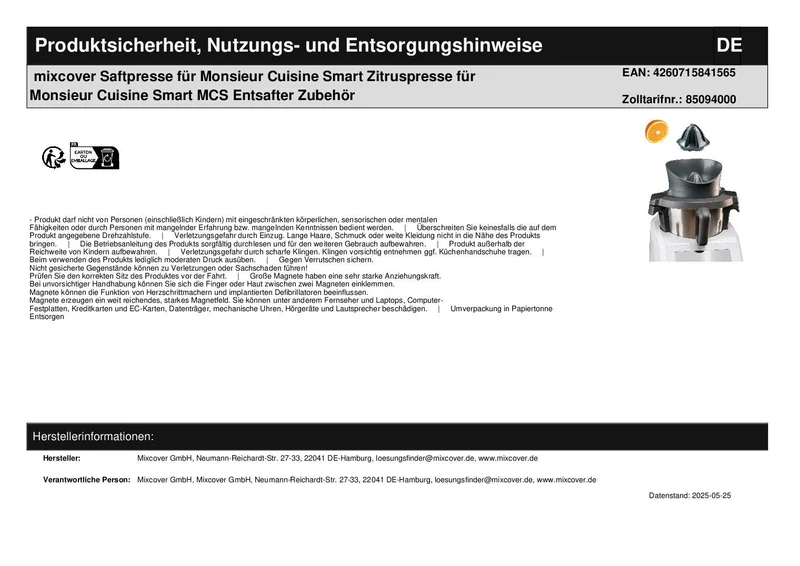 mixcover Saftpresse für Monsieur Cuisine Smart Zitruspresse für Monsieur Cuisine Smart MCS Entsafter Zubehör
