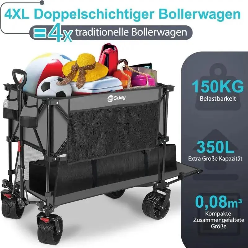 Sekey 350L / 120KG Doppel Faltbarer Bollerwagen, Patentiert Zusammenfaltbar aus Vier Richtungen, mit Bremsen und Extra Breiten Rädern