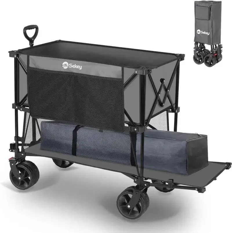 Sekey 350L / 120KG Doppel Faltbarer Bollerwagen, Patentiert Zusammenfaltbar aus Vier Richtungen, mit Bremsen und Extra Breiten Rädern