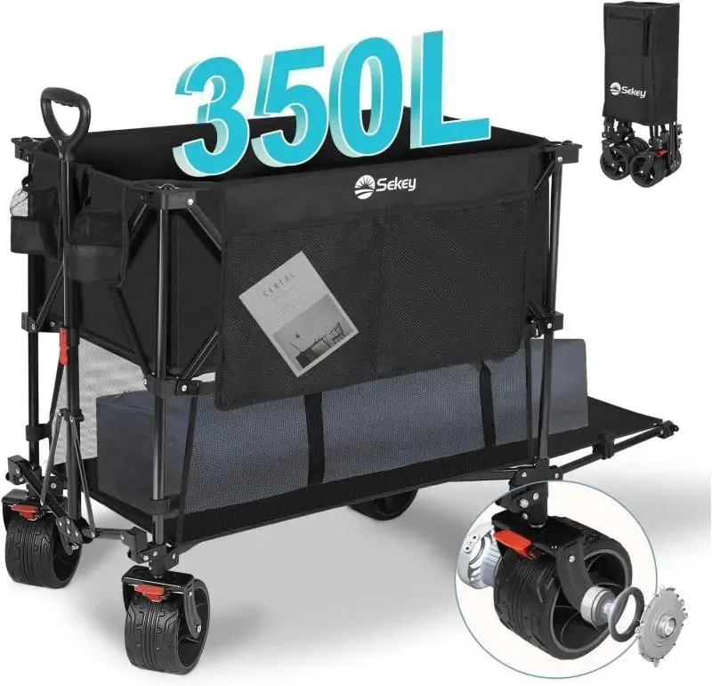 Sekey 350L / 120KG Doppel Faltbarer Bollerwagen, Patentiert Zusammenfaltbar aus Vier Richtungen, mit Bremsen und Extra Breiten Rädern