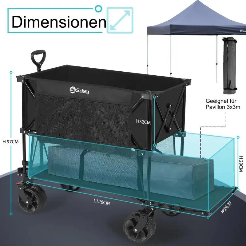 Sekey 350L / 120KG Doppel Faltbarer Bollerwagen, Patentiert Zusammenfaltbar aus Vier Richtungen, mit Bremsen und Extra Breiten Rädern