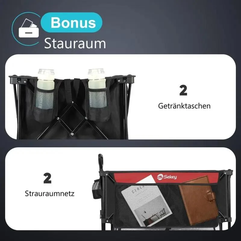 Sekey 350L / 120KG Doppel Faltbarer Bollerwagen, Patentiert Zusammenfaltbar aus Vier Richtungen, mit Bremsen und Extra Breiten Rädern