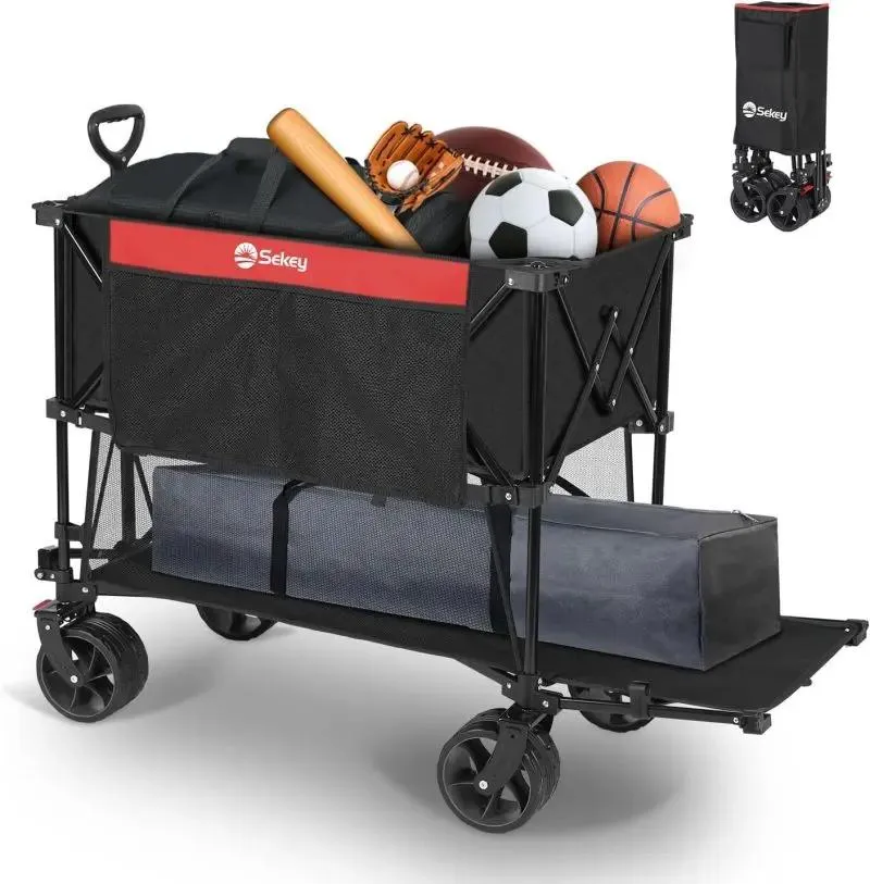 Sekey 350L / 120KG Doppel Faltbarer Bollerwagen, Patentiert Zusammenfaltbar aus Vier Richtungen, mit Bremsen und Extra Breiten Rädern