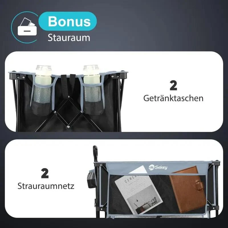 Sekey 350L / 120KG Doppel Faltbarer Bollerwagen, Patentiert Zusammenfaltbar aus Vier Richtungen, mit Bremsen und Extra Breiten Rädern