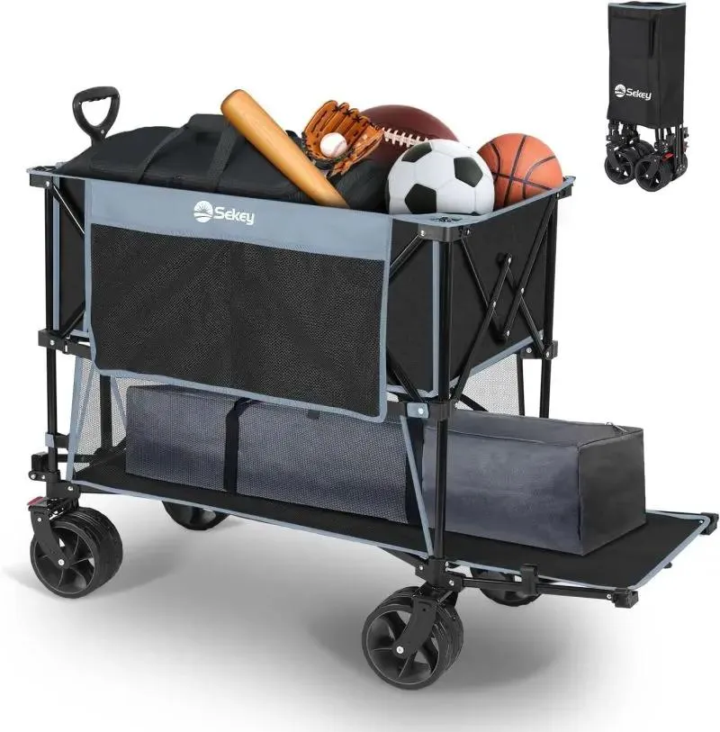 Sekey 350L / 120KG Doppel Faltbarer Bollerwagen, Patentiert Zusammenfaltbar aus Vier Richtungen, mit Bremsen und Extra Breiten Rädern