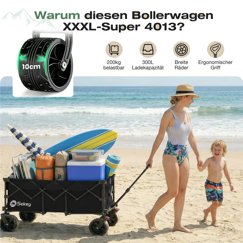 Sekey 300L / 150KG Faltbarer Bollerwagen, Patentiert Zusammenfaltbar aus Vier Richtungen, mit Bremsen und Extra Breiten Rädern