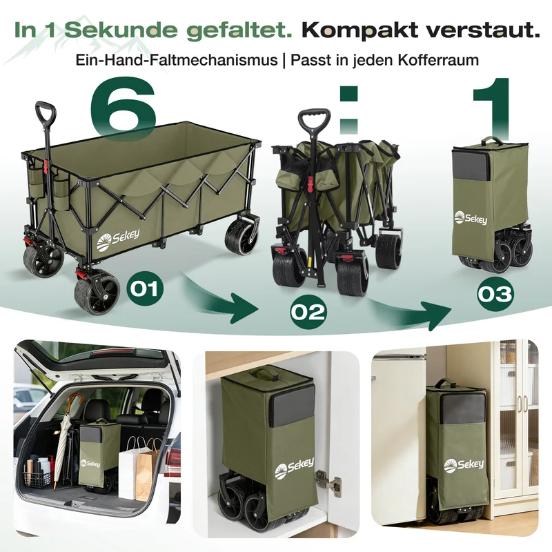 Sekey 300L / 150KG Faltbarer Bollerwagen, Patentiert Zusammenfaltbar aus Vier Richtungen, mit Bremsen und Extra Breiten Rädern