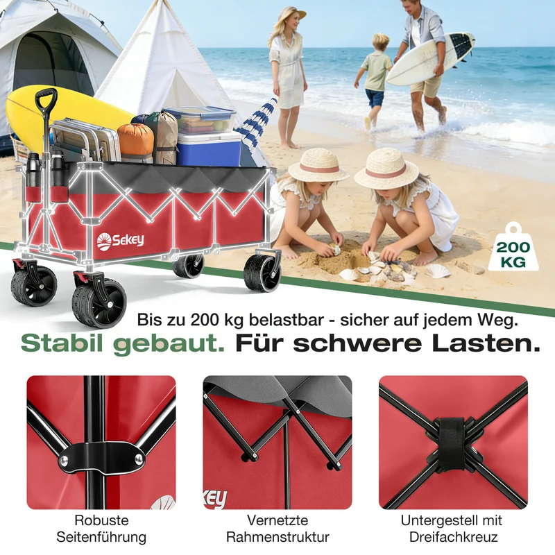 Sekey 300L / 150KG Faltbarer Bollerwagen, Patentiert Zusammenfaltbar aus Vier Richtungen, mit Bremsen und Extra Breiten Rädern