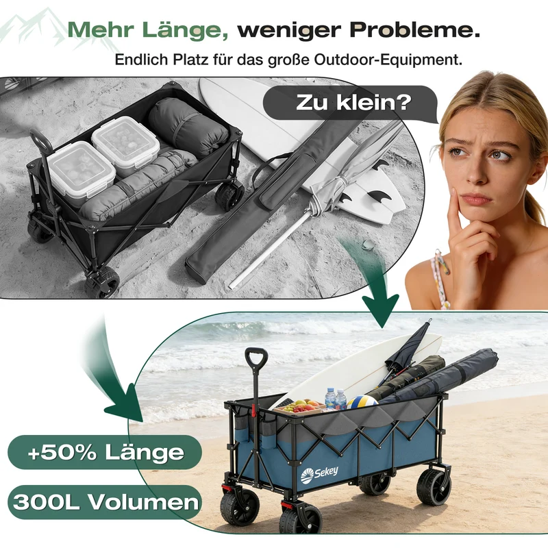 Sekey 300L / 150KG Faltbarer Bollerwagen, Patentiert Zusammenfaltbar aus Vier Richtungen, mit Bremsen und Extra Breiten Rädern