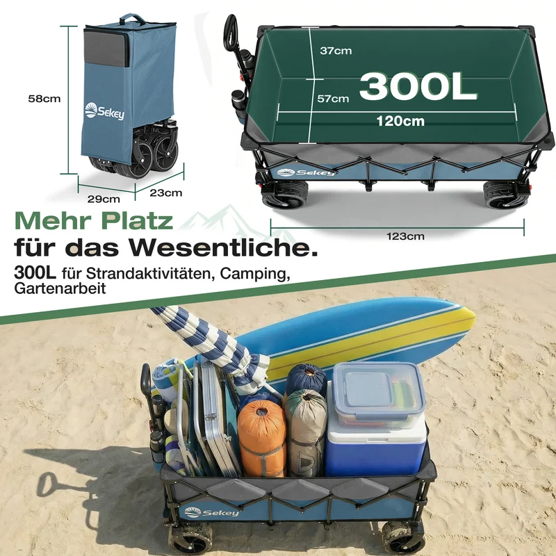 Sekey 300L / 150KG Faltbarer Bollerwagen, Patentiert Zusammenfaltbar aus Vier Richtungen, mit Bremsen und Extra Breiten Rädern