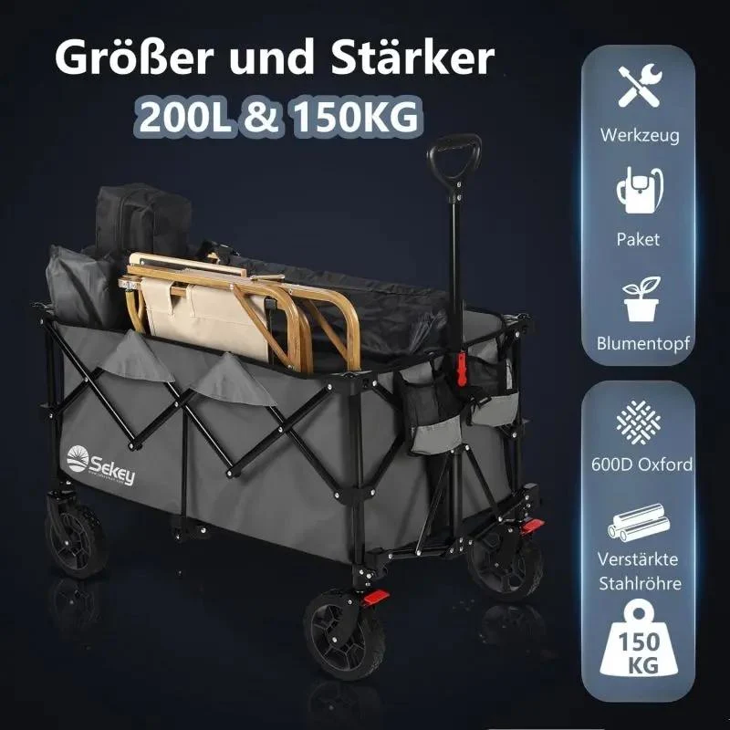 Sekey 200L / 150KG Faltbarer Bollerwagen, Patentiert Zusammenfaltbar aus Vier Richtungen, mit Bremsen