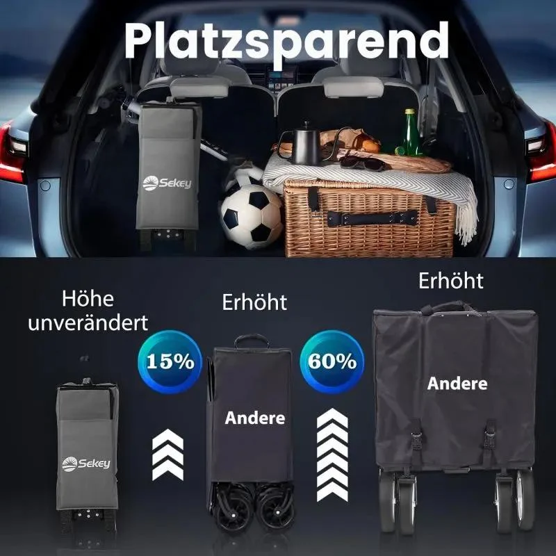 Sekey 200L / 150KG Faltbarer Bollerwagen, Patentiert Zusammenfaltbar aus Vier Richtungen, mit Bremsen