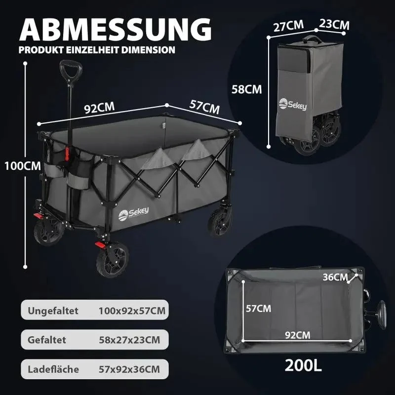 Sekey 200L / 150KG Faltbarer Bollerwagen, Patentiert Zusammenfaltbar aus Vier Richtungen, mit Bremsen