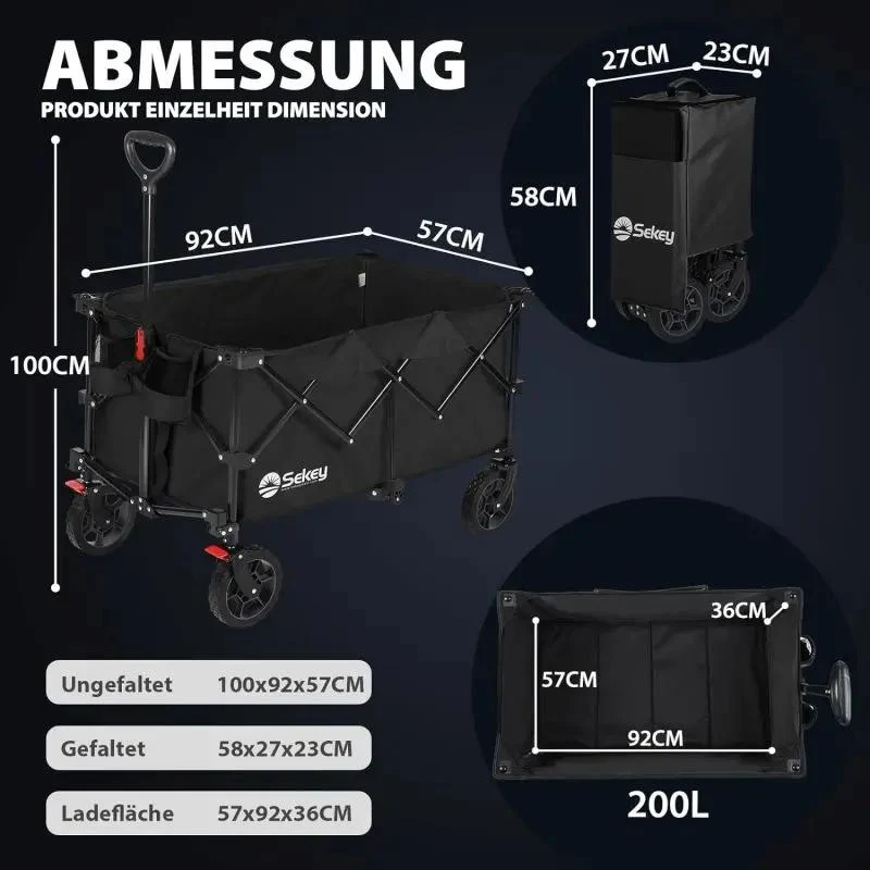 Sekey 200L / 150KG Faltbarer Bollerwagen, Patentiert Zusammenfaltbar aus Vier Richtungen, mit Bremsen