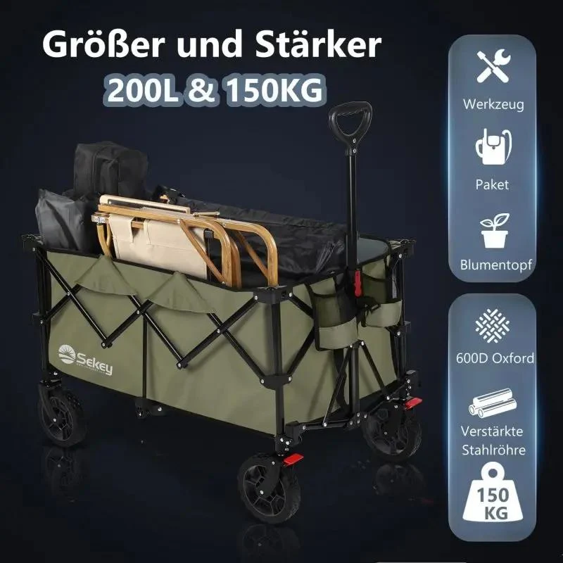 Sekey 200L / 150KG Faltbarer Bollerwagen, Patentiert Zusammenfaltbar aus Vier Richtungen, mit Bremsen