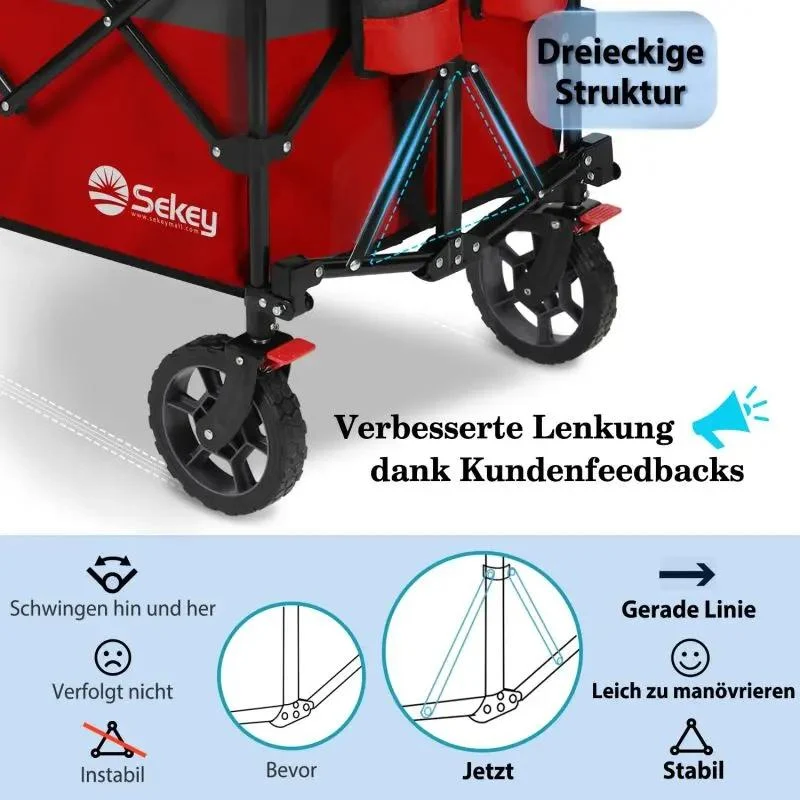 Sekey 200L / 150KG Faltbarer Bollerwagen, Patentiert Zusammenfaltbar aus Vier Richtungen, mit Bremsen