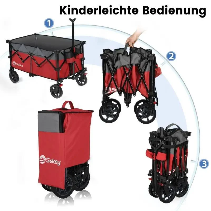 Sekey 200L / 150KG Faltbarer Bollerwagen, Patentiert Zusammenfaltbar aus Vier Richtungen, mit Bremsen