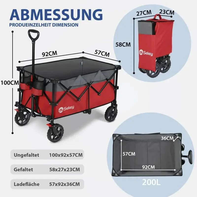 Sekey 200L / 150KG Faltbarer Bollerwagen, Patentiert Zusammenfaltbar aus Vier Richtungen, mit Bremsen