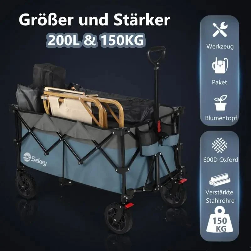 Sekey 200L / 150KG Faltbarer Bollerwagen, Patentiert Zusammenfaltbar aus Vier Richtungen, mit Bremsen