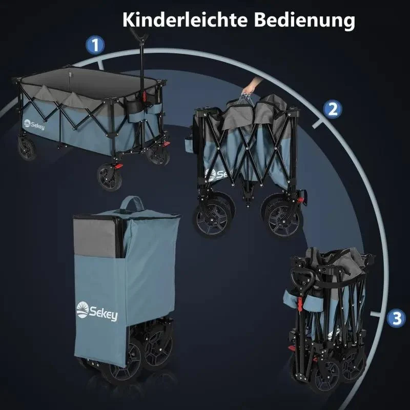 Sekey 200L / 150KG Faltbarer Bollerwagen, Patentiert Zusammenfaltbar aus Vier Richtungen, mit Bremsen