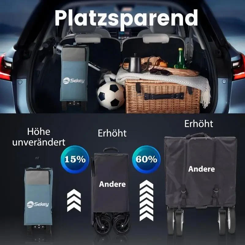 Sekey 200L / 150KG Faltbarer Bollerwagen, Patentiert Zusammenfaltbar aus Vier Richtungen, mit Bremsen