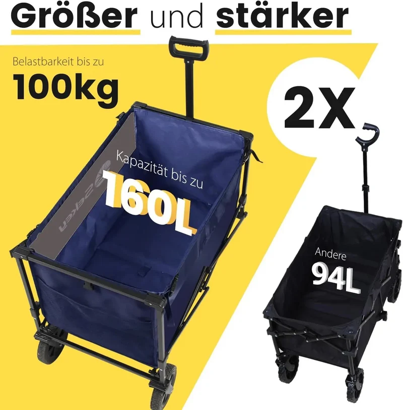 Sekey 160L / 100KG Faltbarer Bollerwagen, mit Praktischem Reißverschluss