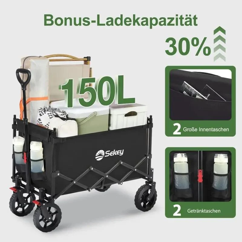 Sekey 150L / 150KG Faltbarer Bollerwagen mit Dach, Bremsen