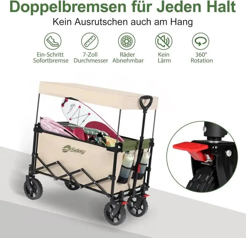 Sekey 150L / 150KG Faltbarer Bollerwagen mit Dach, Bremsen