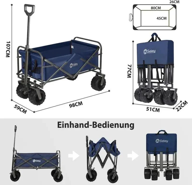 Sekey 94L / 200KG Faltbarer Bollerwagen, mit Bremsen und Extra Breiten Rädern