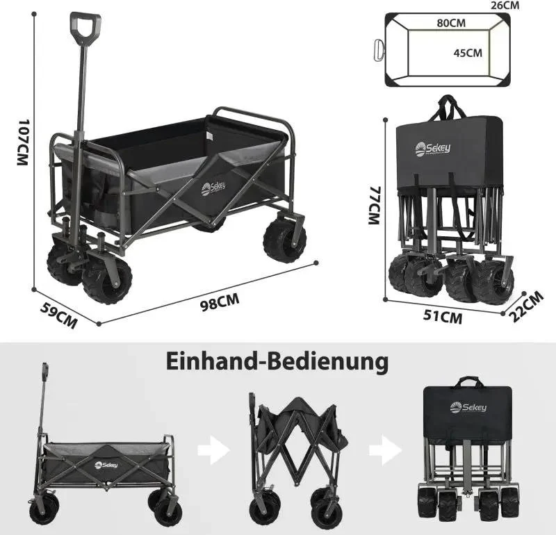 Sekey 94L / 200KG Faltbarer Bollerwagen, mit Bremsen und Extra Breiten Rädern