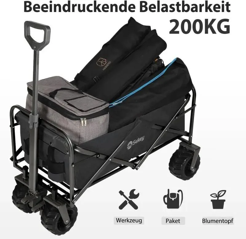 Sekey 94L / 200KG Faltbarer Bollerwagen, mit Bremsen und Extra Breiten Rädern