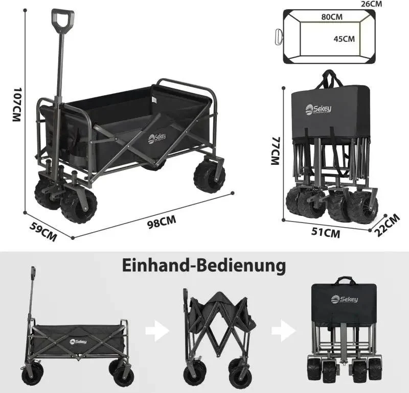 Sekey 94L / 200KG Faltbarer Bollerwagen, mit Bremsen und Extra Breiten Rädern