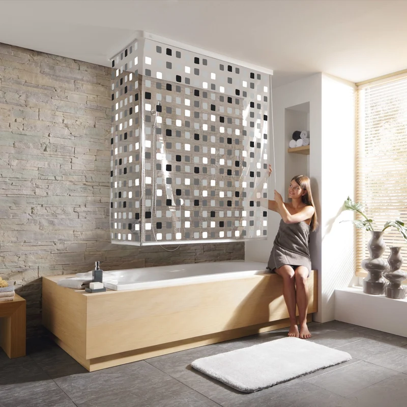 Eckduschrollo-Komplettset für Badewanne Grau 138 x 240 cm und 62 x 240 cm