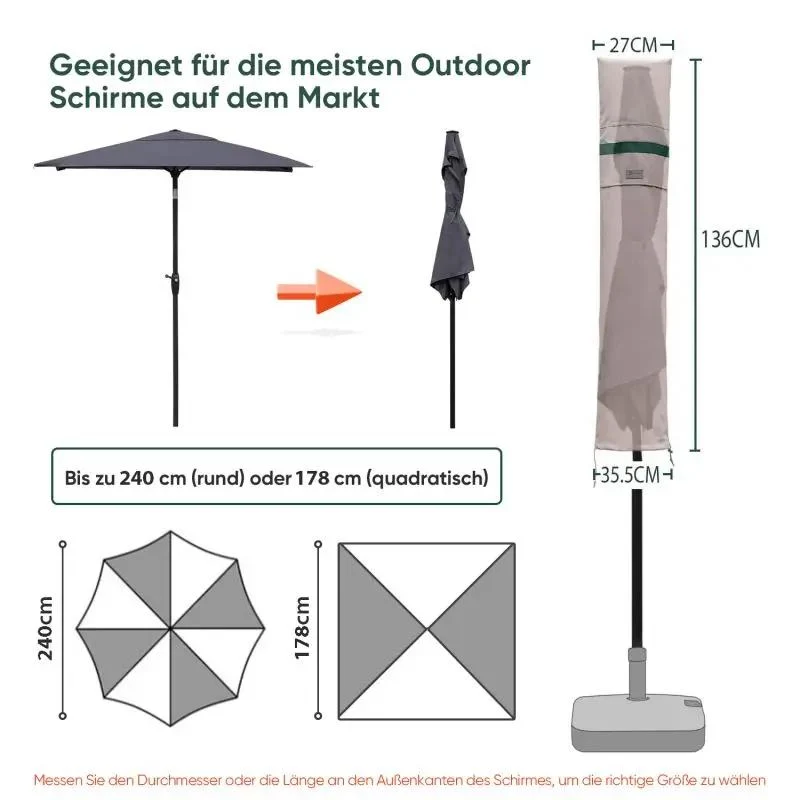 Sekey 136 x 27/35,5 cm Schutzhülle für 200 cm Sonnenschirm, aus Polyester-Gewebe