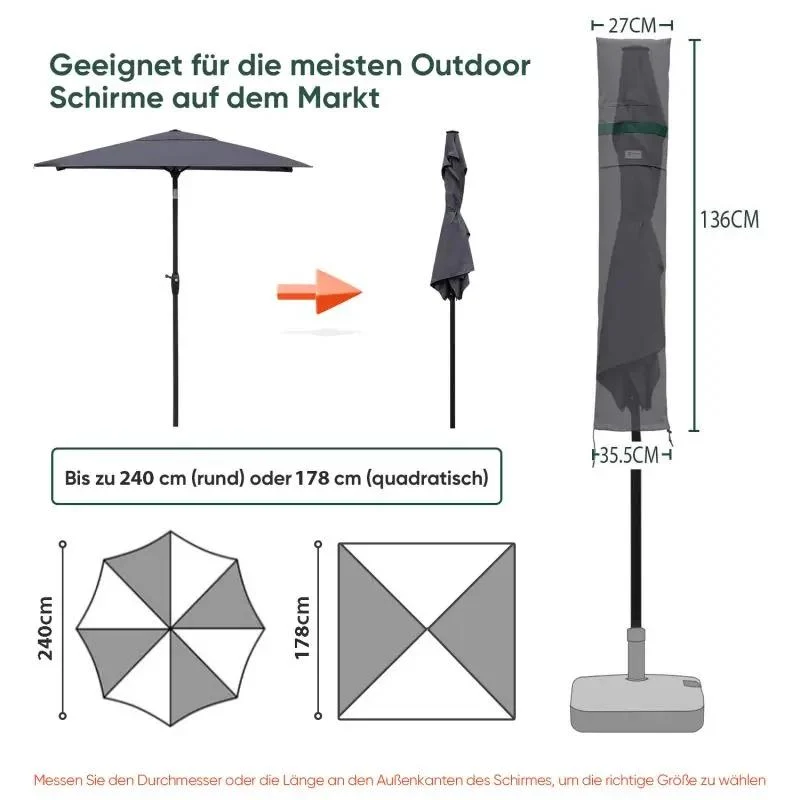 Sekey 136 x 27/35,5 cm Schutzhülle für 200 cm Sonnenschirm, aus Polyester-Gewebe