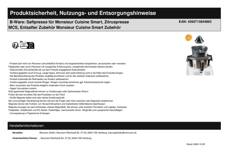 B-Ware: Saftpresse für Monsieur Cuisine Smart, Zitruspresse MCS, Entsafter Zubehör Monsieur Cuisine Smart Zubehör